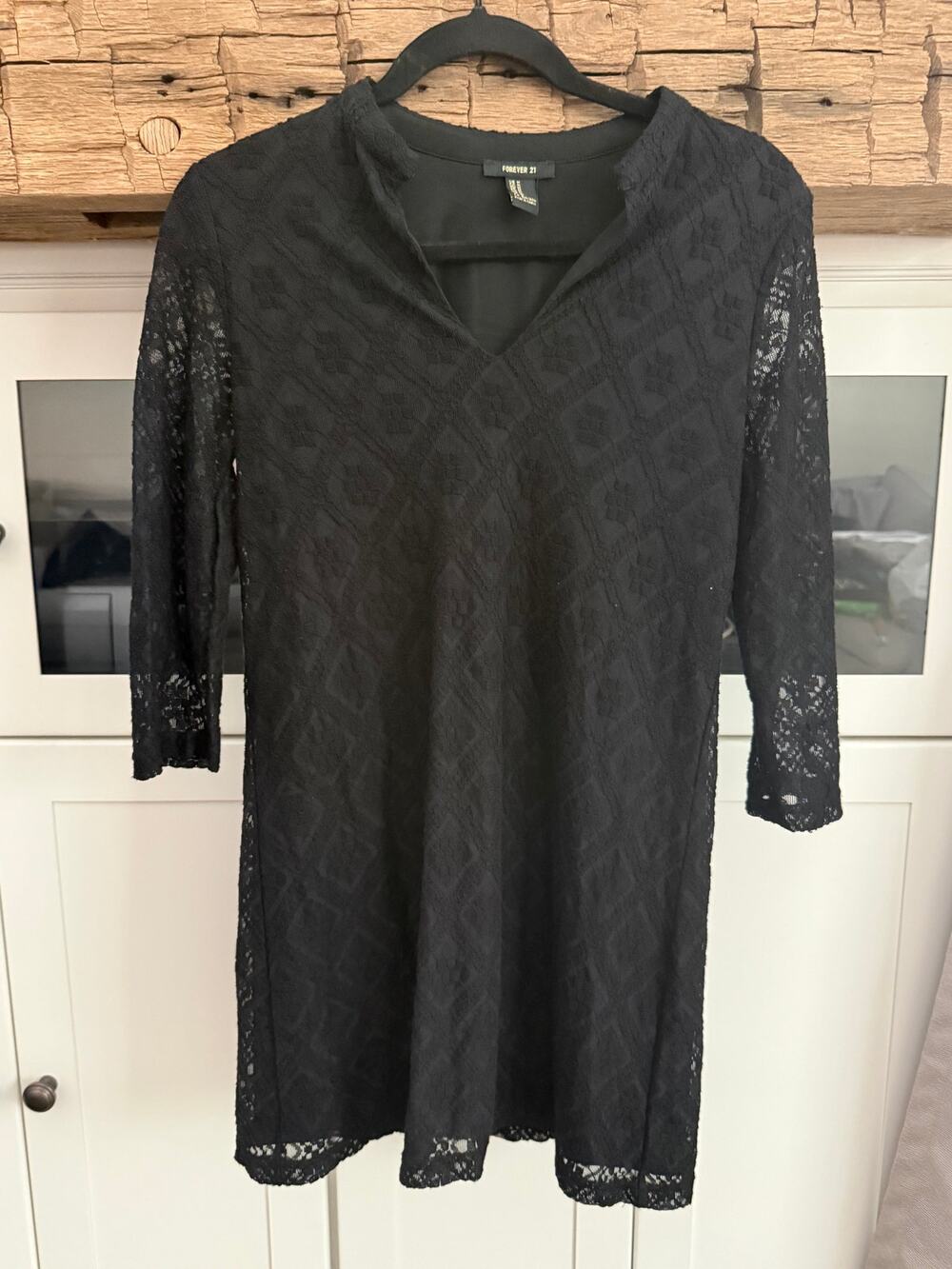 Forever 21 Black Lace Overlay Dress Sz M Long Sleeve V-Neck Little Black